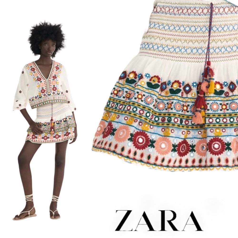 Zara White Embroidered Mini Skirt with Multicolor Floral Motifs
